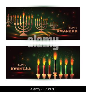 Horizontale Banner für Kwanzaa mit traditionellen Farben und Kerzen, die die Sieben Prinzipien oder Nguzo Saba. Stock Vektor