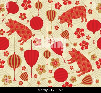 Nahtlose Muster mit chinesischen Neue Jahr 2019 Sternzeichen Jahr des Schweins mit. Stock Vektor