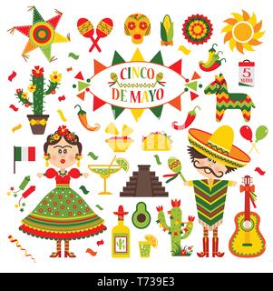 Cinco de Mayo Feier in Mexiko, Icons, design Elements, flacher Stil. Sammlung Objekte für Cinco de Mayo. Stock Vektor