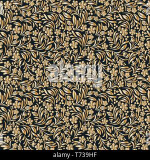 Dekorative Ornament in Gold auf Schwarz. Blumen und Pflanzen im russischen Stil. Stock Vektor
