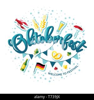 Blau und Weiß Stiftleiste mit Symbolen und Text Oktoberfest. Stock Vektor