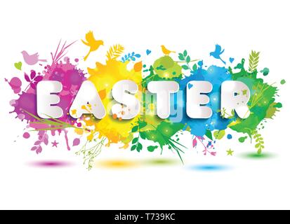 Bunte Frohe Ostern Grußkarte mit Federelementen Komposition. Stock Vektor