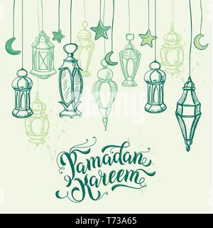 Ramadan Kareem Kalligraphie Schrift. Arabische Lampen, marokkanische Laternen. Stock Vektor