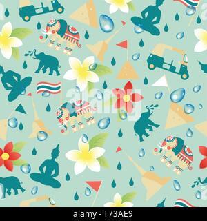 Songkran Festival in Thailand April, handgezeichneten Schriftzug, auf Spritzwasser in nahtlose Muster, Blumen tropisch. Vector Illustration. Stock Vektor