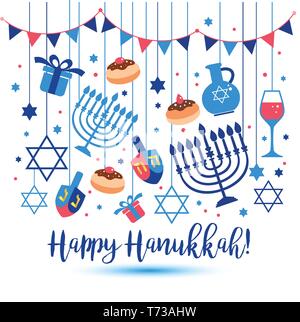 Jüdische Feiertag Hanukkah Greeting Card traditionelle Chanukah Symbole - Holz- dreidels Kreisel, Hebräische Buchstaben, Donuts, menorah Kerzen, Öl jar, Stock Vektor