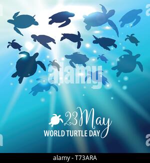 Welt Turtle Tag 23. Mai Hintergrund. Schildkröte schwimmt im Ozean vor dem Hintergrund der Sonne. Stock Vektor