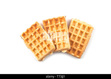 Belgien waffers auf weißem Hintergrund. Blick von oben auf die drei frisch gebackenen Waffeln. Stockfoto