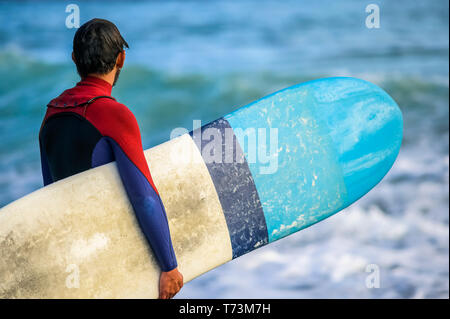 Surfer mit einem Surfbrett und mit Blick auf das Wasser, Houghton Bucht; Wellington, Neuseeland Stockfoto