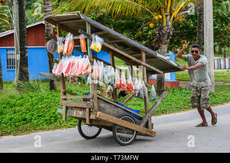 Mann verkaufen Pakete von frischen Produkten auf einer Straße; Roatan, Bay Islands, Honduras Stockfoto