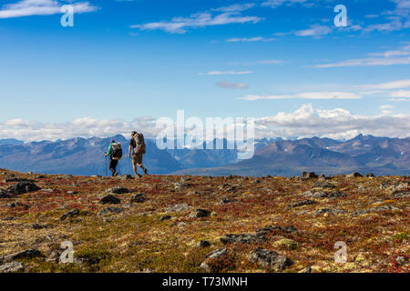 Der Mann und die Frau mit dem Rucksack auf den Herbst farbige Tundra auf der Kesugi Ridge Trail, Denali State Park, South-central Alaska Stockfoto