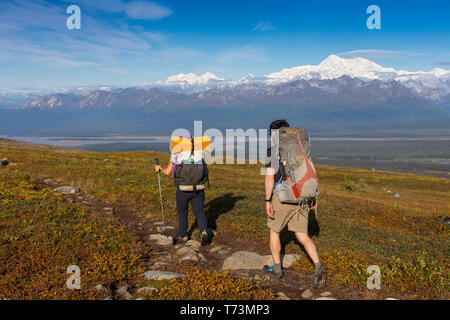 Frau und Mann sind an einem sonnigen Herbsttag auf der Tundra in Richtung Denali und der Alaska Range unterwegs, entlang des Kesugi Ridge Trail, Denali State Park... Stockfoto