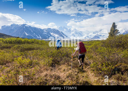 Mann und Frau sind an einem sonnigen Sommertag auf der Donoho Lakes Loop mit den Wrangell Mountains und dem Kennicott-Gletscher im Hintergrund unterwegs. Stockfoto