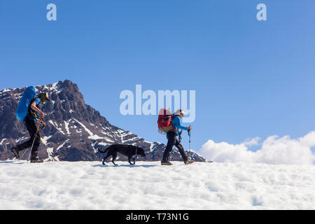 Paar und ihren Hund mit Rucksack auf der Kennicott Glacier, Wrangell Mountains, Wrangell-St. Elias National Park, South-central Alaska Stockfoto