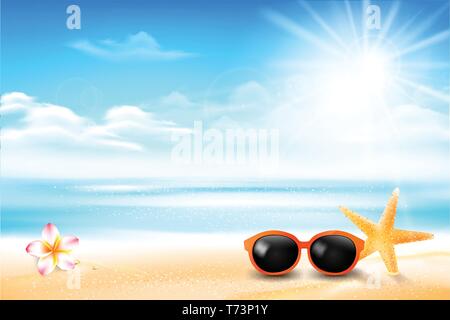 Sunglass star Fisch und Blume in den Sand Strand über blur Meer und Himmel mit Sonne Licht Aufflackern und Copyspace Abstract background Vektor illustration Stock Vektor