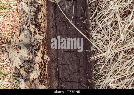 Spuren von Schlamm Reifen nach einem Sturm in den russischen Dörfern Stockfoto