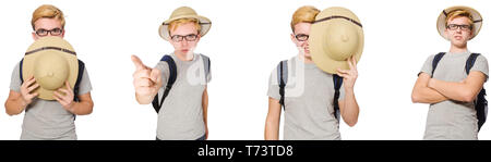 Junge in Cork Helm mit Rucksack Stockfoto