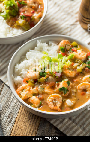 Pikante hausgemachte Cajun Shrimp Etouffee mit weißer Reis Stockfoto