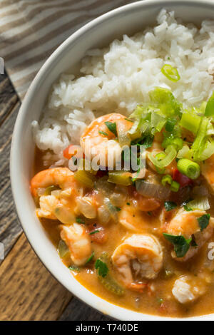 Pikante hausgemachte Cajun Shrimp Etouffee mit weißer Reis Stockfoto