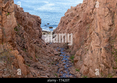 Fluss und Meer entlang der felsigen Küste mit schwerem Wasser fließen in einem Waldgebiet, Motion Fluss Stockfoto