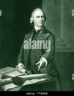 SAMUEL ADAMS (1722-1803) amerikanischer Staatsmann und Gründervater gezeigt am Massachusetts Charta in eine Gravur auf einem Portrait über 1772 basiert auf Stockfoto