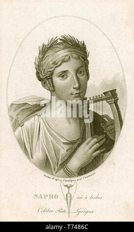 SAPPHO (c 630 - C 570 v. Chr.), griechischer Dichter, im 18. Jahrhundert vorstellen Gravur mit Ihrem Leier Stockfoto