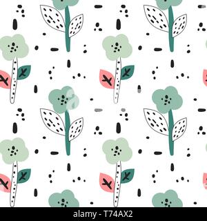 Cute Hintergrund mit abstrakten Hand gezeichneten Blüten, Blätter und schwarzen Gestalten Stock Vektor