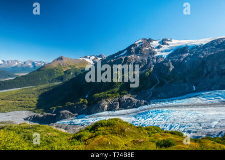 Kenai Fjords National Park ab dem Harding Icefield Trail mit Exit Gletscher im Hintergrund an einem sonnigen Sommertag Stockfoto