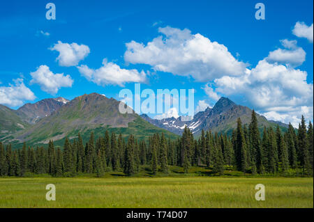 Wolken rollt über Berggipfel in der Talkeetna Range im Süden - zentrales Alaska an einem sonnigen Sommertag, Alaska, Vereinigte Staaten von Amerika Stockfoto