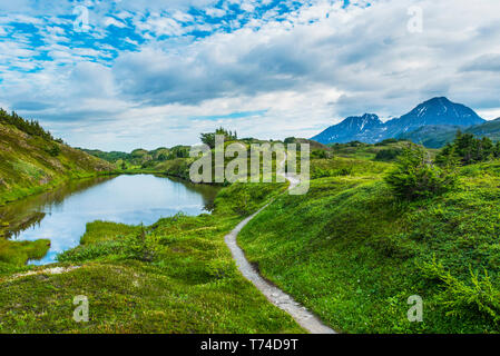 Die Spur führt zu Lost Lake, ein beliebtes Wander- und Radwege Ziel hoch in die Berge der Kenai Halbinsel, in der Nähe von Seward Stockfoto