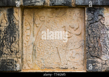 Skulpturen, Plattform der Adler und Jaguare, Chichen Itza, UNESCO-Weltkulturerbe, Yucatan, Mexiko Stockfoto