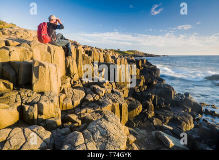 Auf basalt Felsen Wanderer, Dartmouth, Bucht von Fundy; Long Island, Nova Scotia, Kanada Stockfoto