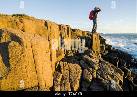 Auf basalt Felsen Wanderer, Dartmouth, Bucht von Fundy; Long Island, Nova Scotia, Kanada Stockfoto