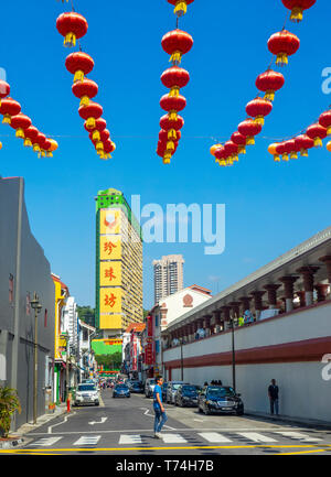 Chinesische Rote Laternen für chinesische Neujahrsfest über South Bridge Road Chinatown, die Temple Street und People's Park Complex Singapur Stockfoto