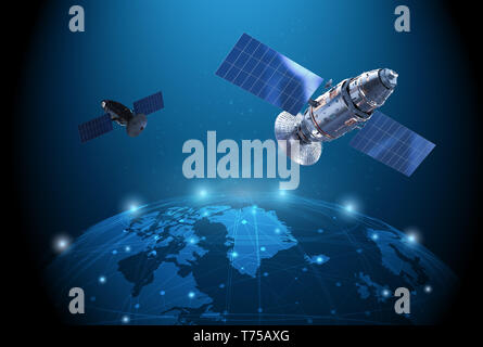 Telekommunikationstechnik Konzept mit 3D-rendering Satellitenschüssel Verbindung mit Welt Grafik Stockfoto