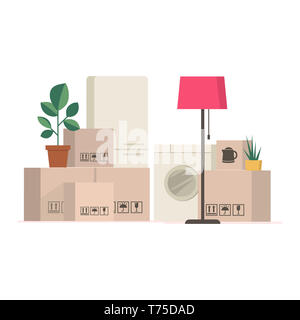 Kartons und verpackt Hausrat - Umzug in ein neues Haus oder Büro. Stockfoto