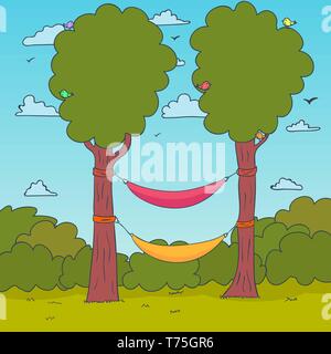 Cartoon Natur Hintergrund. Hängematten auf einem Baum. Vektor Stock Vektor