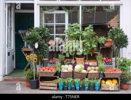 Obst und Gemüse auf dem Display außerhalb eines shop Front in London, Großbritannien Stockfoto