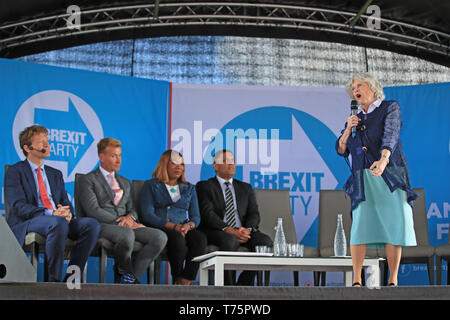 Ann Widdecombe spricht während einer Brexit Partei Kundgebung an Mill Farm Sports Village, Wesham, Lancashire. Stockfoto