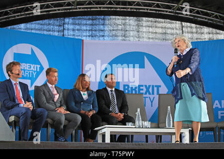 Ann Widdecombe spricht während einer Brexit Partei Kundgebung an Mill Farm Sports Village, Wesham, Lancashire. Stockfoto