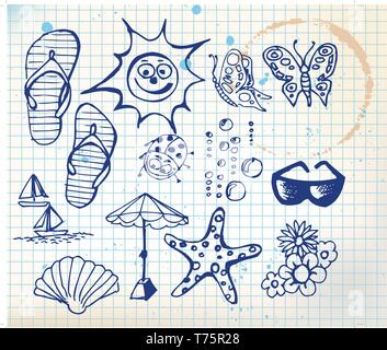 Sommer doodle Elemente - Sonne, Meer, Blume Stock Vektor