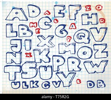 Hand doodle Alphabets auf kariertem Papier gezeichnet Stock Vektor