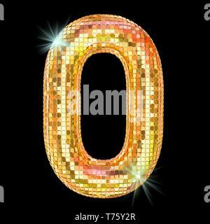 Disco font, Nummer 0 von Golden glitter Spiegel Facetten. 3D-Rendering auf schwarzem Hintergrund Stockfoto