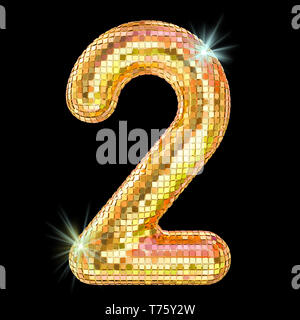 Disco font, Nummer 2 von Golden glitter Spiegel Facetten. 3D-Rendering auf schwarzem Hintergrund Stockfoto