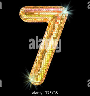 Disco font, Nummer 7 von Golden glitter Spiegel Facetten. 3D-Rendering auf schwarzem Hintergrund Stockfoto