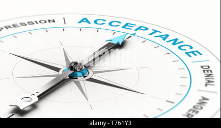 Konzeptionelle Kompass mit Nadel nach das Wort Akzeptanz. Konzept der Trauer Beratung. 3D-Darstellung Stockfoto