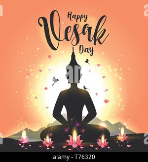 Vector Illustration Grußkarte für Vesak Day mit Lotus Blume und Buddhas. Stock Vektor