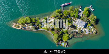 Luftaufnahme der Brissago Inseln in der Nähe von Ascona, auf den nördlichen Teil des Lago Maggiore. Kanton Tessin, Schweiz. Stockfoto