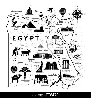 Umrisse und Silhouette Karte von Ägypten - Vector Illustration Hand mit Linien, auf Hintergrund mit Symbolen Symbole Sehenswürdigkeiten Ägyptens in whi isoliert gezeichnet Stock Vektor