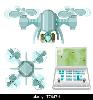 Fernbedienung und zwei MULTICOPTER oder quadcopter mit Kamera oben, Seitenansicht im flachen Stil isoliert auf weißem Stock Vektor