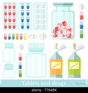 Eingestellt von Tabletten in Blisterpackungen, Kapsel, Mischung und verschiedene Wirkstoffe isoliert auf Weiss. Flache Medizin Stil Stock Vektor